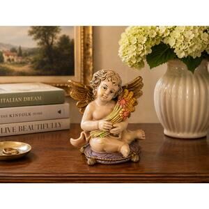 Vintage Italian Cherub Angel Figurine Hand Painted Flexible Composite 4.75"
